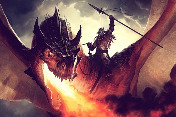 A warrior on a dragon. Painting. Desktop background