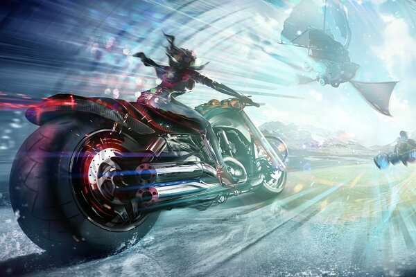 The motorbike is flying towards the future