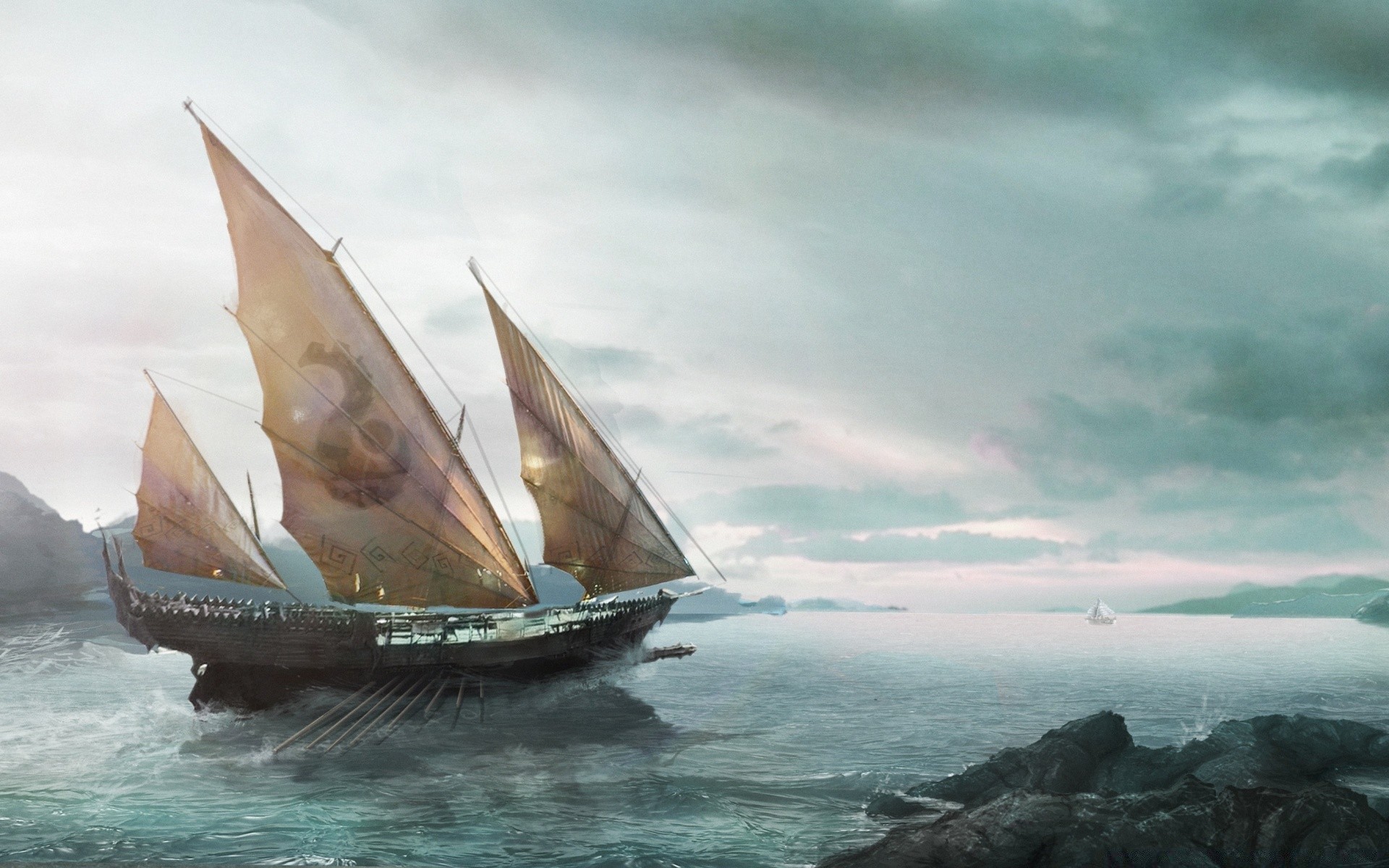 fantasy water sea watercraft ocean travel sailboat sky sail ship seashore boat outdoors transportation system summer landscape nautical