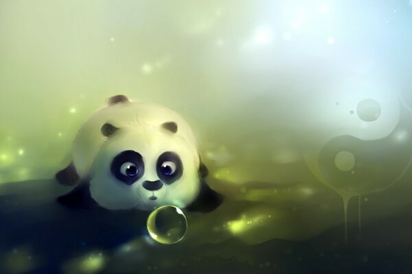 Little panda with a soap bubble