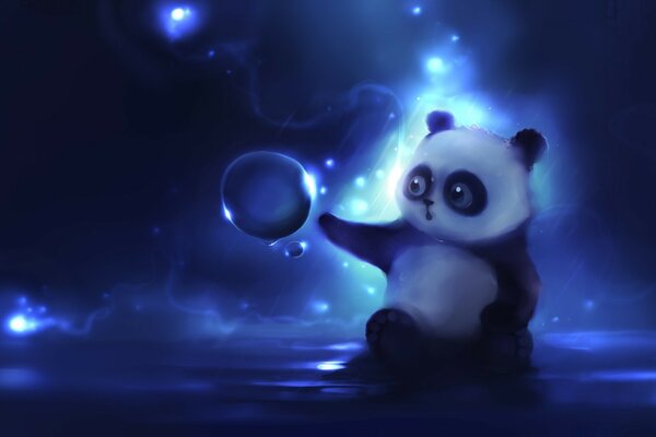 Surprised anime panda wants to touch a soap bubble