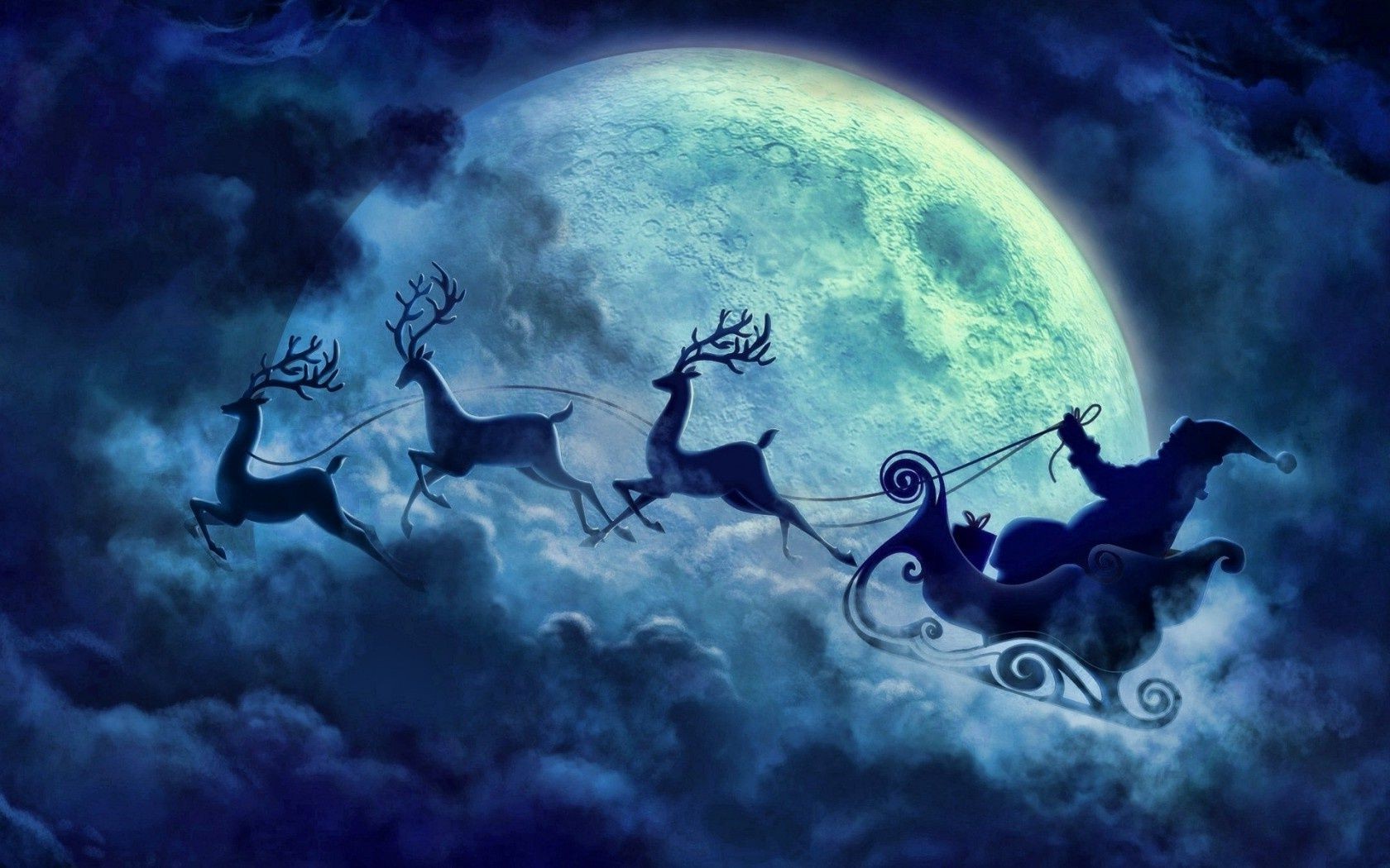 Night blue cloud flying reindeer moon santa christmas - Phone wallpapers