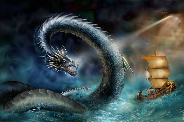 A fantasy painting of a water dragon