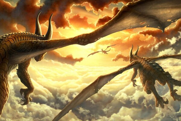 Dragons flying above the clouds