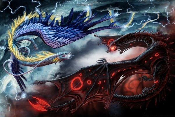 The battle of the dragons of fire and thunder. Fantasy dragons. Elements