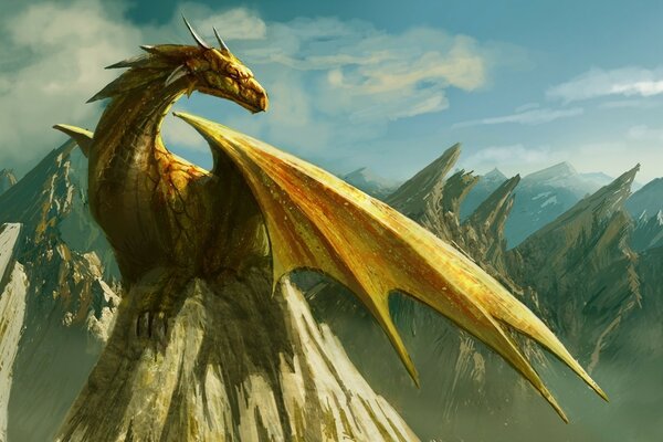 Fantasy, a dragon sits on a mountain