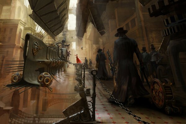 Ville steampunk. Embarquement. L homme dans le cylindre