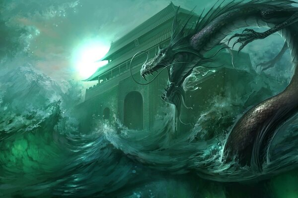 A mysterious underwater world with a dragon out of the water