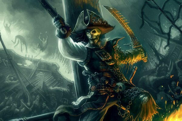 A fantastic pirate is fighting on a ship