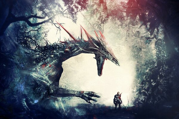 Fantastische Illustration eines Drachen und eines Mannes