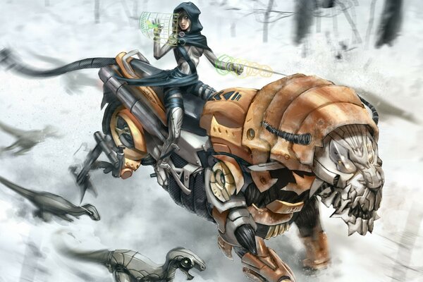 A girl rider sits on an iron lion