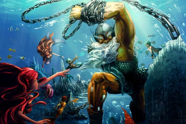 Underwater warrior fights with chains