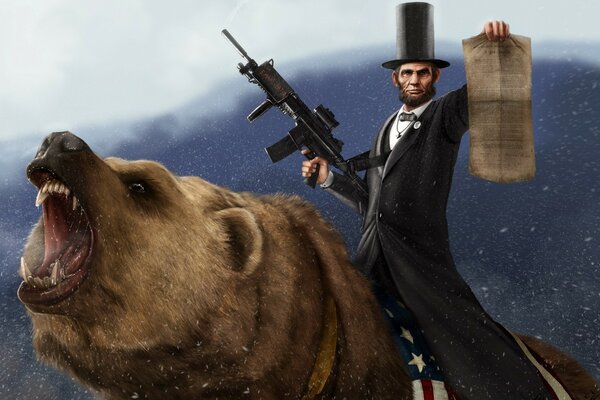 Lincoln chevauchant un ours avec une mitraillette