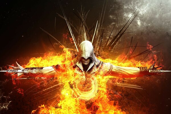 A male warrior against the background of fire and smoke. Fantasy image on a dark background