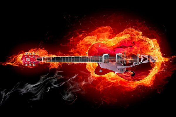 Red musical guitar burning in the fire