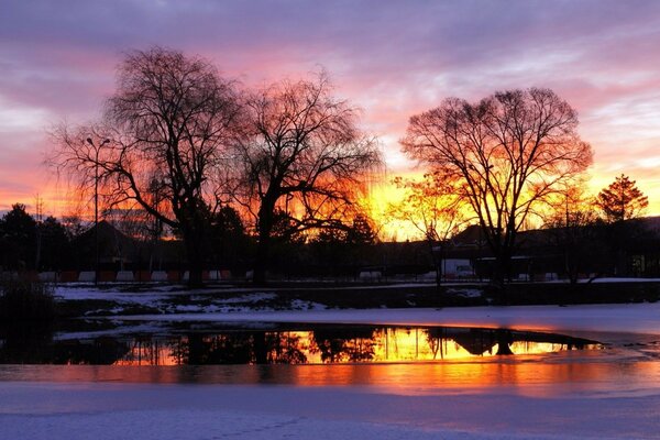 Ice freezes on the lake in a thin crust under the rays of a cooling sunset