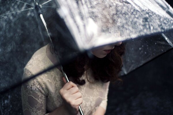 A woman in the rain. Sadness and longing