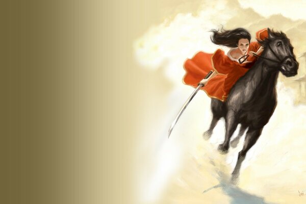 Brunette with a sword on a black horse