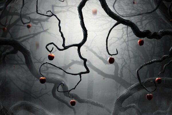 Red apples hang on dried twisted branches in a gray background