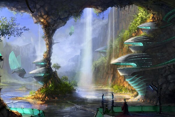 Fantasy landscape with waterfall