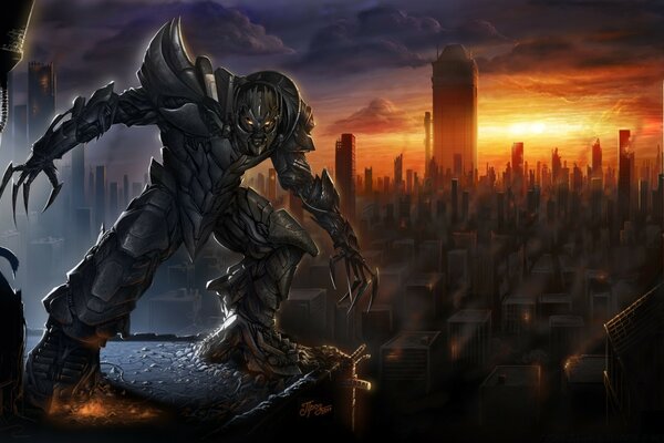 Monster on the background of the city and sunset