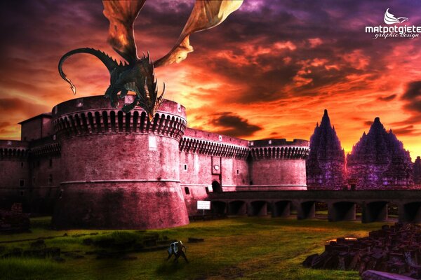 A dragon is circling over an ancient castle