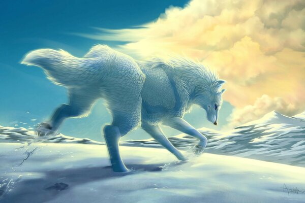 A white wolf runs through the snow