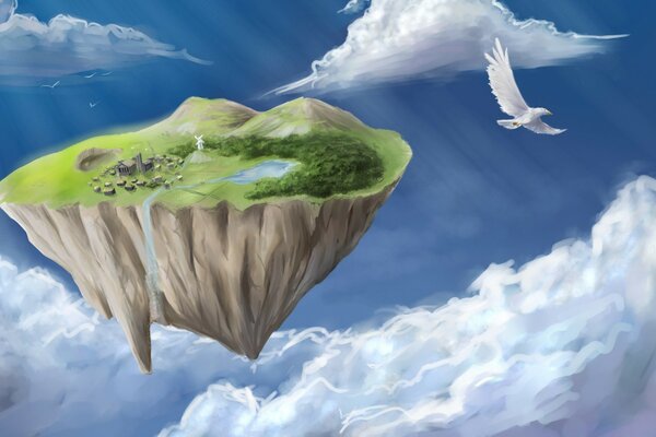 A flying piece of land against the sky with a waterfall and a white eagle streaming from it