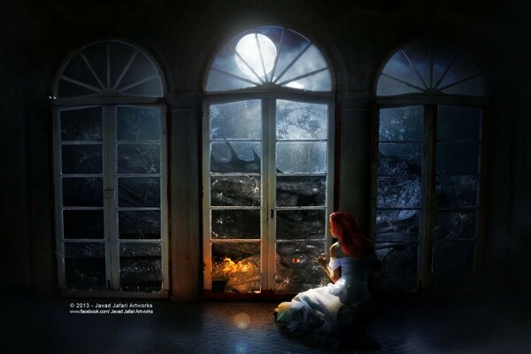 The girl is sitting near the window on a moonlit night