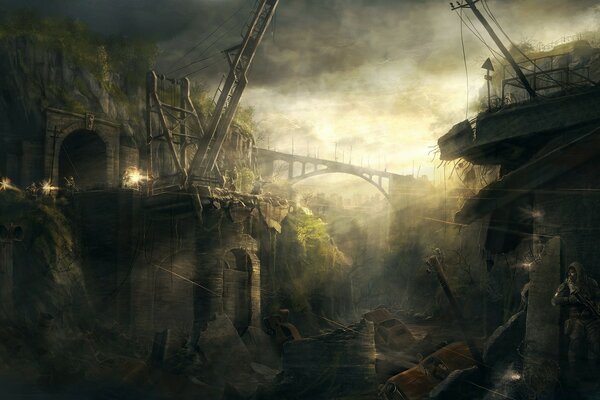 Gloomy ruined grey medieval bridge