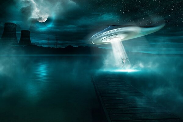 Night seascape with ufos