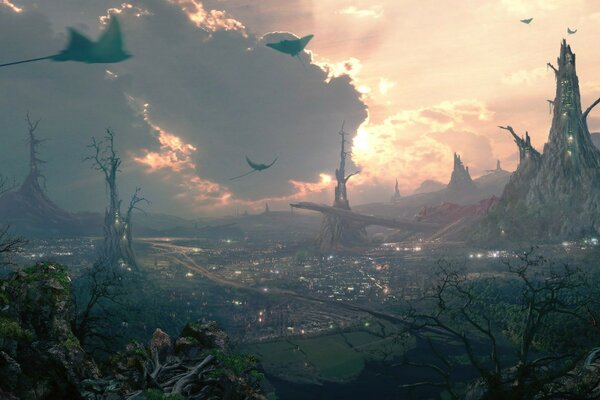 Fantasy landscape of a big city and nature