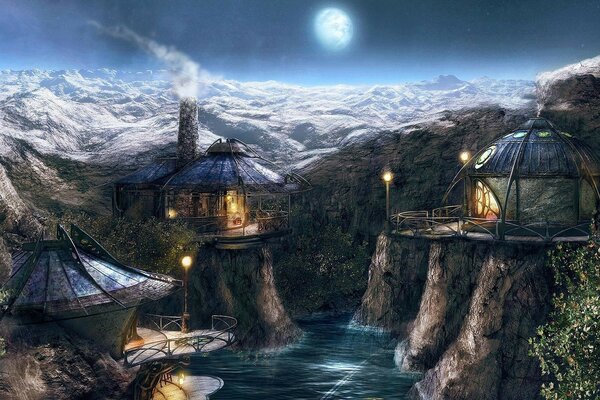 Fantasy landscape mountains sky and Moon