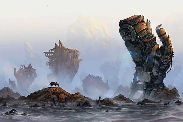 Paysage steampunk, roches froides dans la mer grise