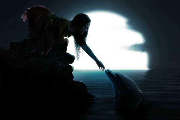 A GIRL AND A DOLPHIN AT SUNSET