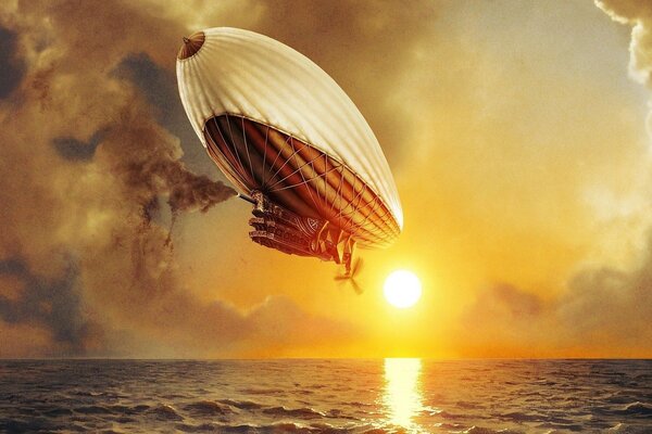 A fantastic airship flies over the sea at sunset