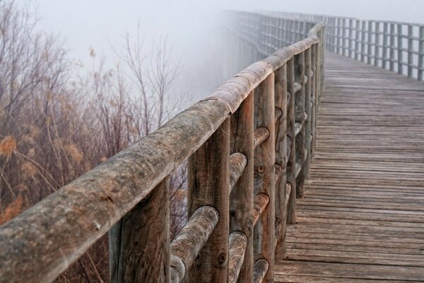 A bridge made of wood going into the fog