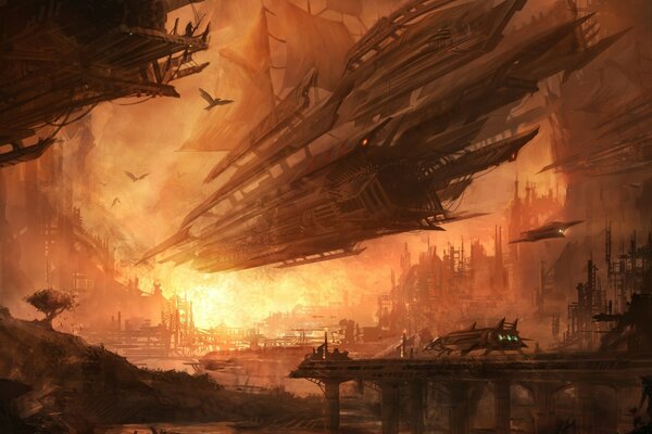 A beautiful fantasy landscape about the war with aliens