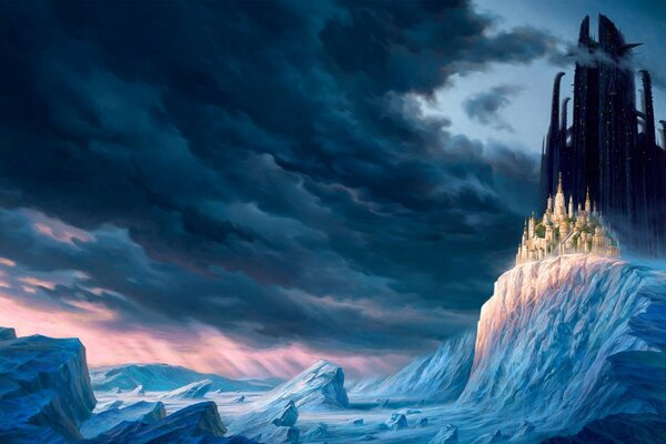 A fantasy castle in the middle of the icy wastelands