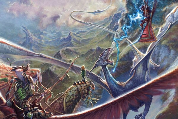 An archer riding a griffin and a sorceress are fighting a dragon