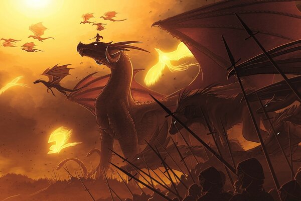 Fantasy landscape with dragons and phoenixes