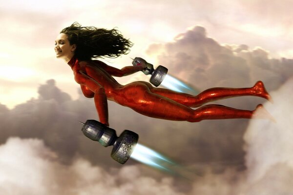 A girl in a red suit flying in the sky