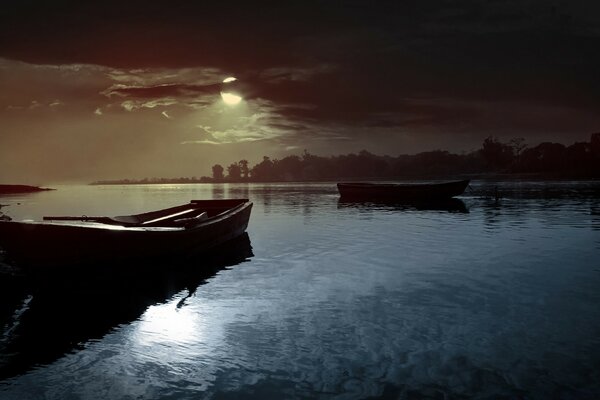 Boat, water, big moon