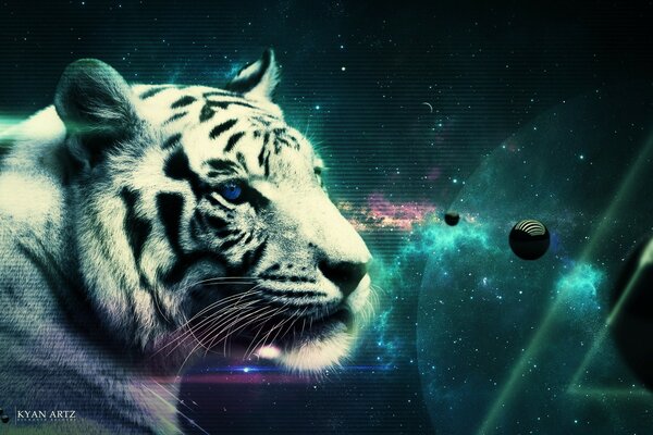 White tiger on the background of a cosmic landscape