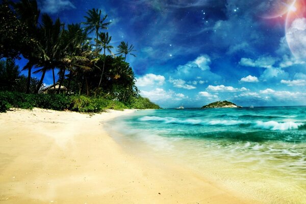 Spiaggia tropicale. Mare, sabbia e palme