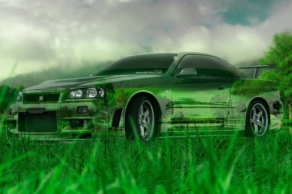 Creative drawing of a car in green colors