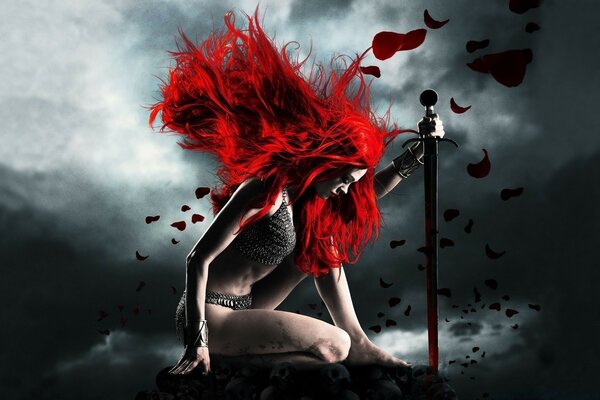 A girl with red hair holds a sword