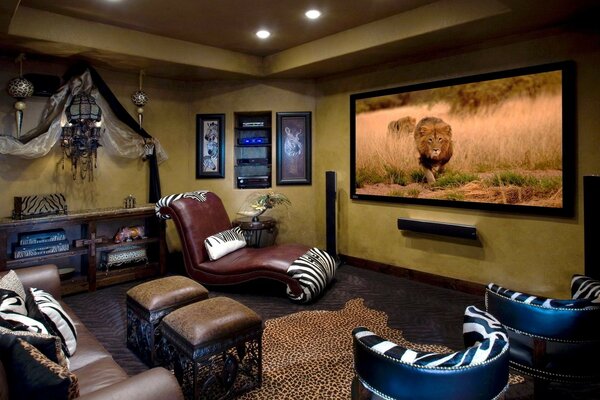 Interior of the living room with leather sofas