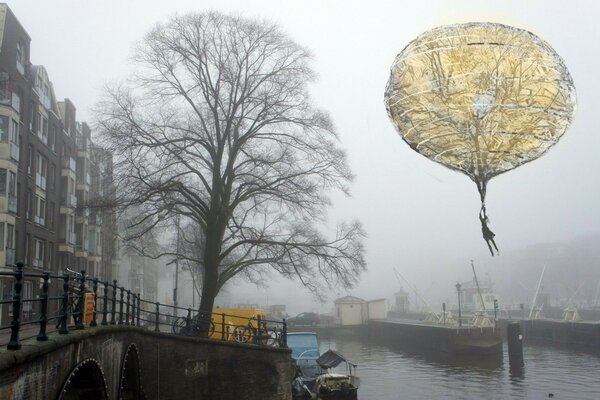 Cold rainy morning by the water