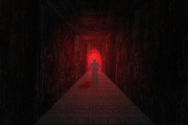 A man walks down the red corridor